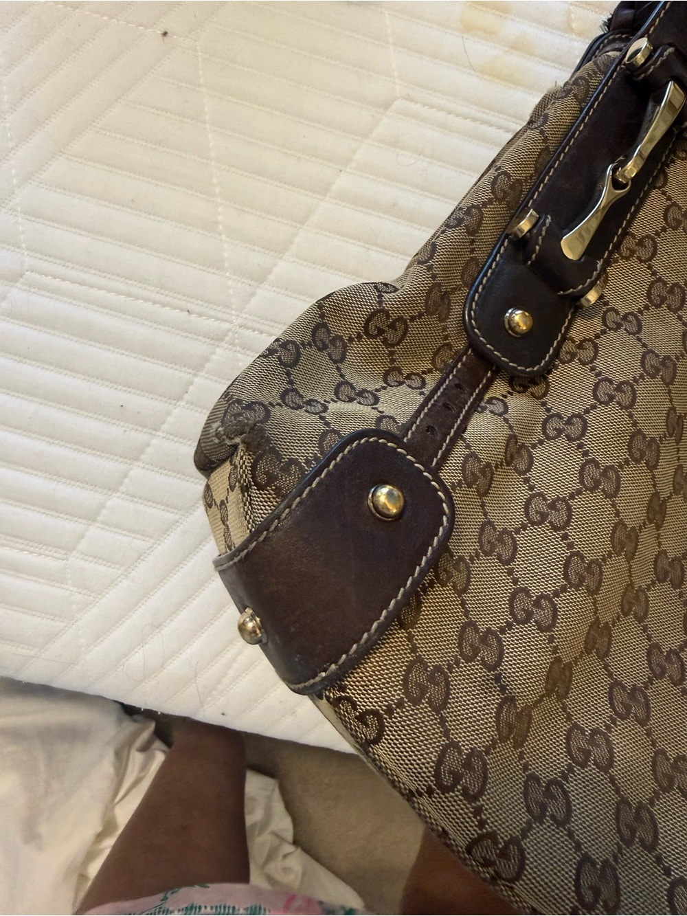 Gucci Beige GG Canvas Braided-Handle Shoulder Bag with Dark Brown Trim - Picture 2 of 14